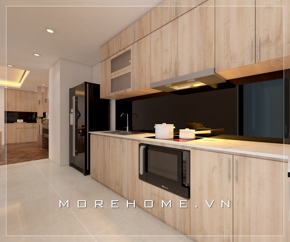 Thiết kế nội thất phòng bếp đẹp với nội thất bếp tone màu sáng tạo nên không gian thoáng đãng và rộng rãi hơn.